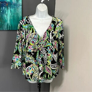 CARIBBEAN JOE V Neck Colorful Paisley 3/4 Sleeve Top Women's XL Tropical‎ Travel